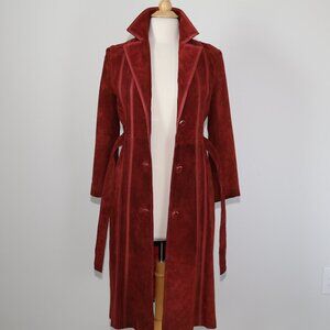 Genuine CALF SUEDE belted HEAVY trench coat vtg Maroon/Burgundy Amazing Quality!